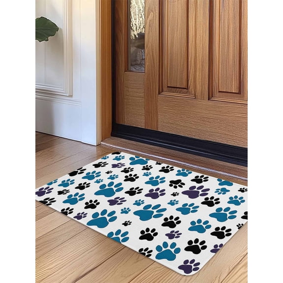 Blue Paw Print Door Mat Indoor Outdoor Entrance, Non Slip Rug for Kitchen Bathroom Entryway Rug, Black Animals Cat Dog Colored Cartoon Washable Doormat Floor Mat for Office Home Decor 24x36 Inch