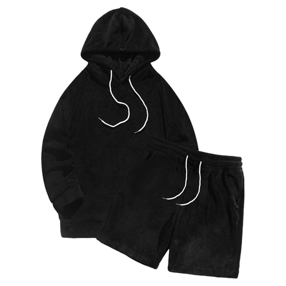 Curuila Sweatsuits Mens 2 Piece Outfit Long Sleeve Solid Color Hooded Fleece Sweatshirt With Shorts Winter Warm Fashion Tracksuit Size L