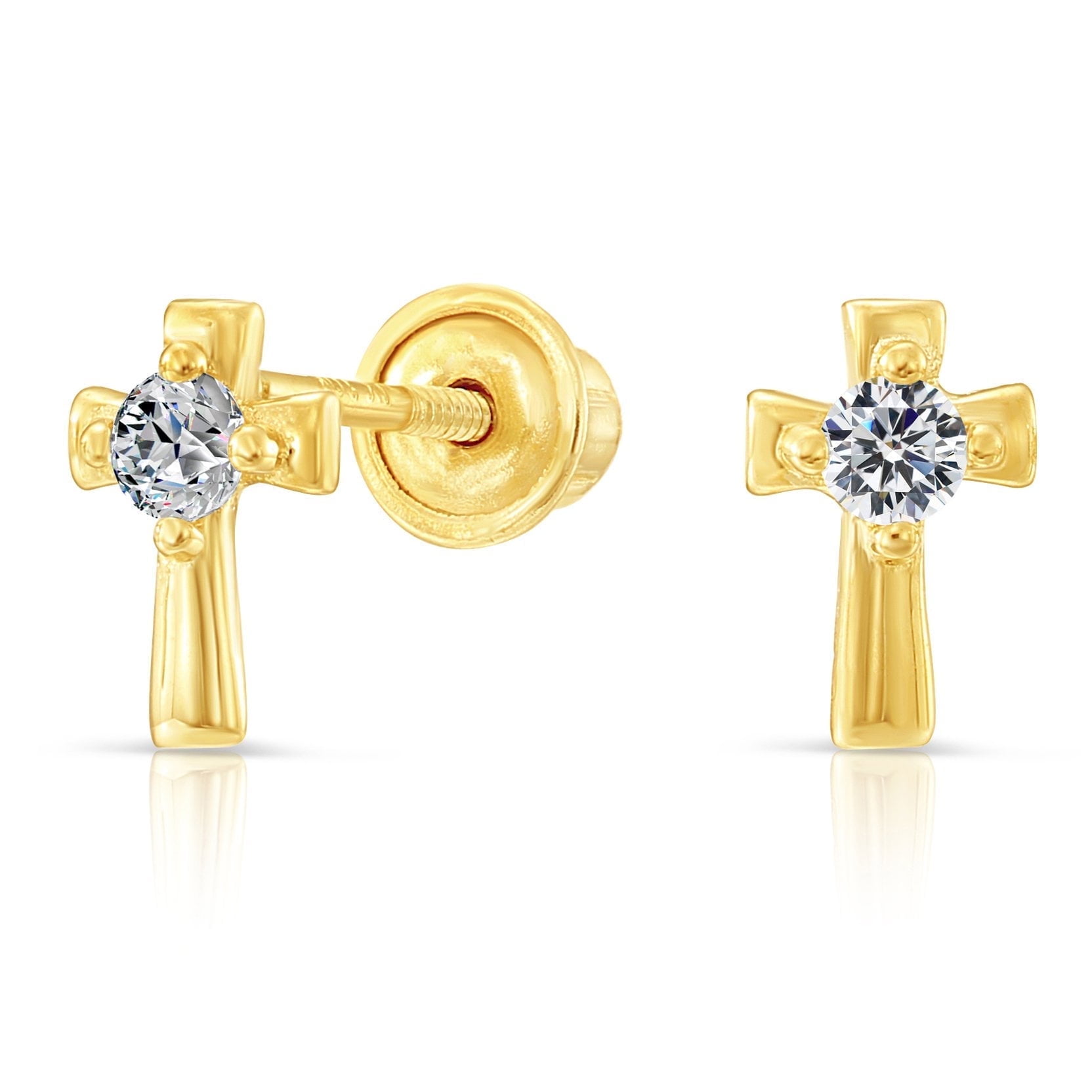 Tilo Jewelry 10K Yellow Gold Tiny Cross CZ Stud Post Earrings with Secure Screw-Backs | Everyday Dainty Small Earrings for Women & Unisex