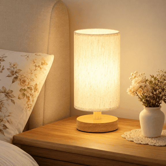 Small Table Lamp for Bedroom, Bedside Nightstand Lamp with Inline Control, 3000K LED Bulb, Wood Base and Cream Shade for Home Office, Living Room Decor