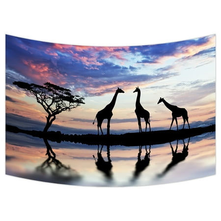 Animal Safari Wall Hangings - YKCG African Safari Animal Tree of Life Elephant Giraffe Sunset Lake Wall Hanging Tapestry Wall Art 90x60 inches