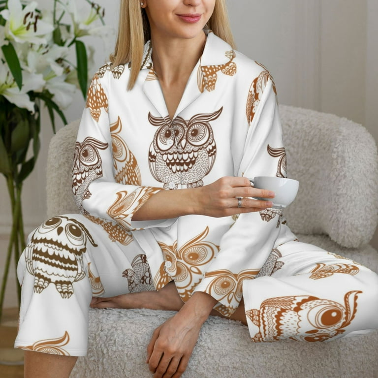 Pajamas for Women Set Simple Cute Owls Soft Comfy Long Sleeve