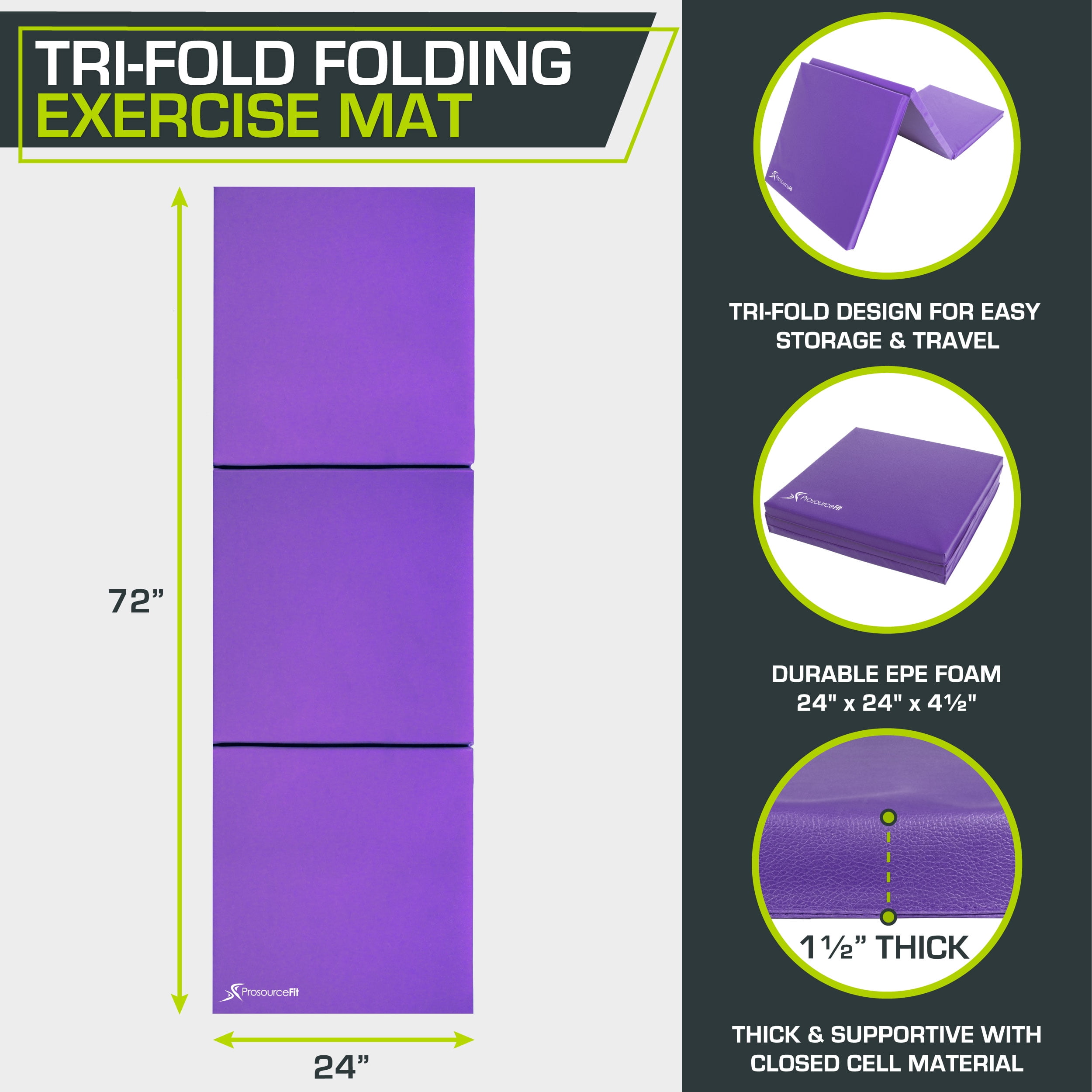 PROSOURCEFIT Tri-Fold Folding Thick Exercise Mat Purple 6 ft. x 2 ft. x 1.5  in. Vinyl and Foam Gymnastics Mat (Covers 12 sq. ft.) ps-1948-tfm-purple -  The Home Depot