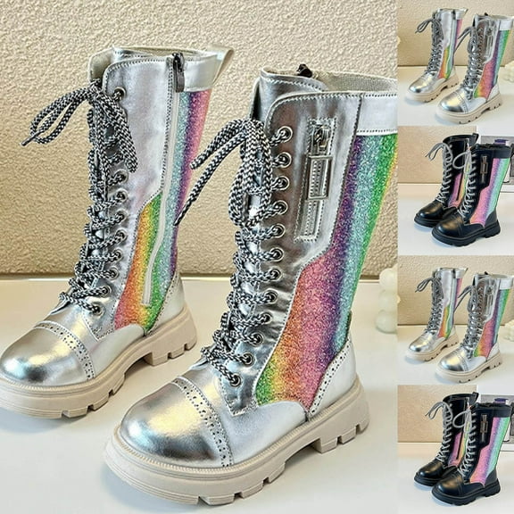 Eltusu Little Girls Riding Boots, Thermal Mid-Calf Princess Lace-Up Winter Shoes Silver Size 13(Little Kids)