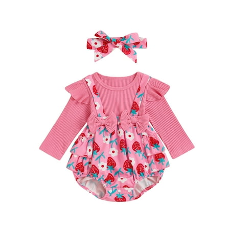 

DcoolMoogl Newborn Girl Outfit Long Sleeve Strawberry Print Romper Hairband