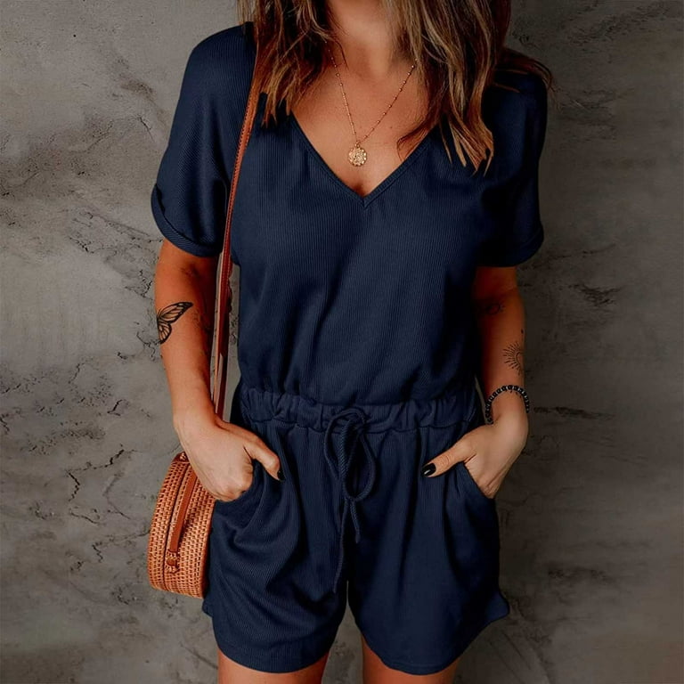 RQYYD Reduced Ribbed Short Jumpsuit for Womens Summer Short Sleeve V Neck Drawstring Beach Rompers One Piece Loungewear with Pockets Navy 3XL