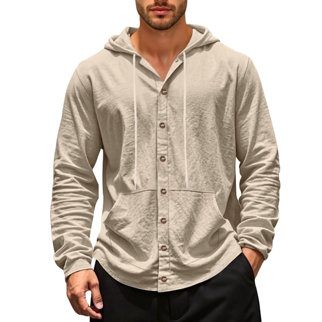 SHIXIAOO Chemise Décontractée en Lin à Manches Longues à Capuche pour Hommes Printemps et Automne