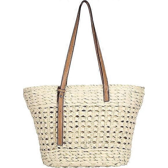 Sac à Main en Paille Beige pour Femme, Sac Tissé d'Été pour la Plage, Sac à Bandoulière Décontracté, Voyage, Rendez-Vous et Vacances
