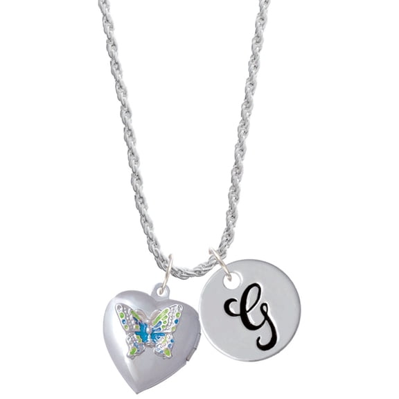 Delight Jewelry Silvertone Lime Green & Hot Blue Butterfly Locket Silvertone Script Initial Disc - G - Charm Necklace, 20"+3"