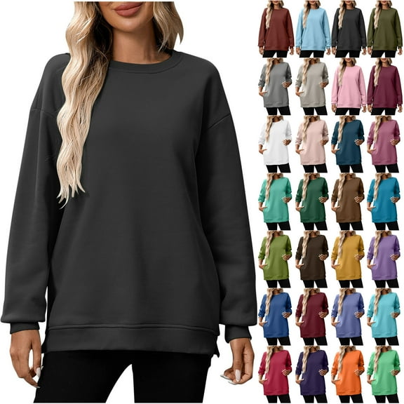 Otntypg Womens Plus Size Sweatshirts Long Sleeve Fleece Soft Fall Winter Basic Solid Color Crew Neck Pullover Tops with Pockets Loose Oversized Split Hem Tunic Shirts B-Purple XL