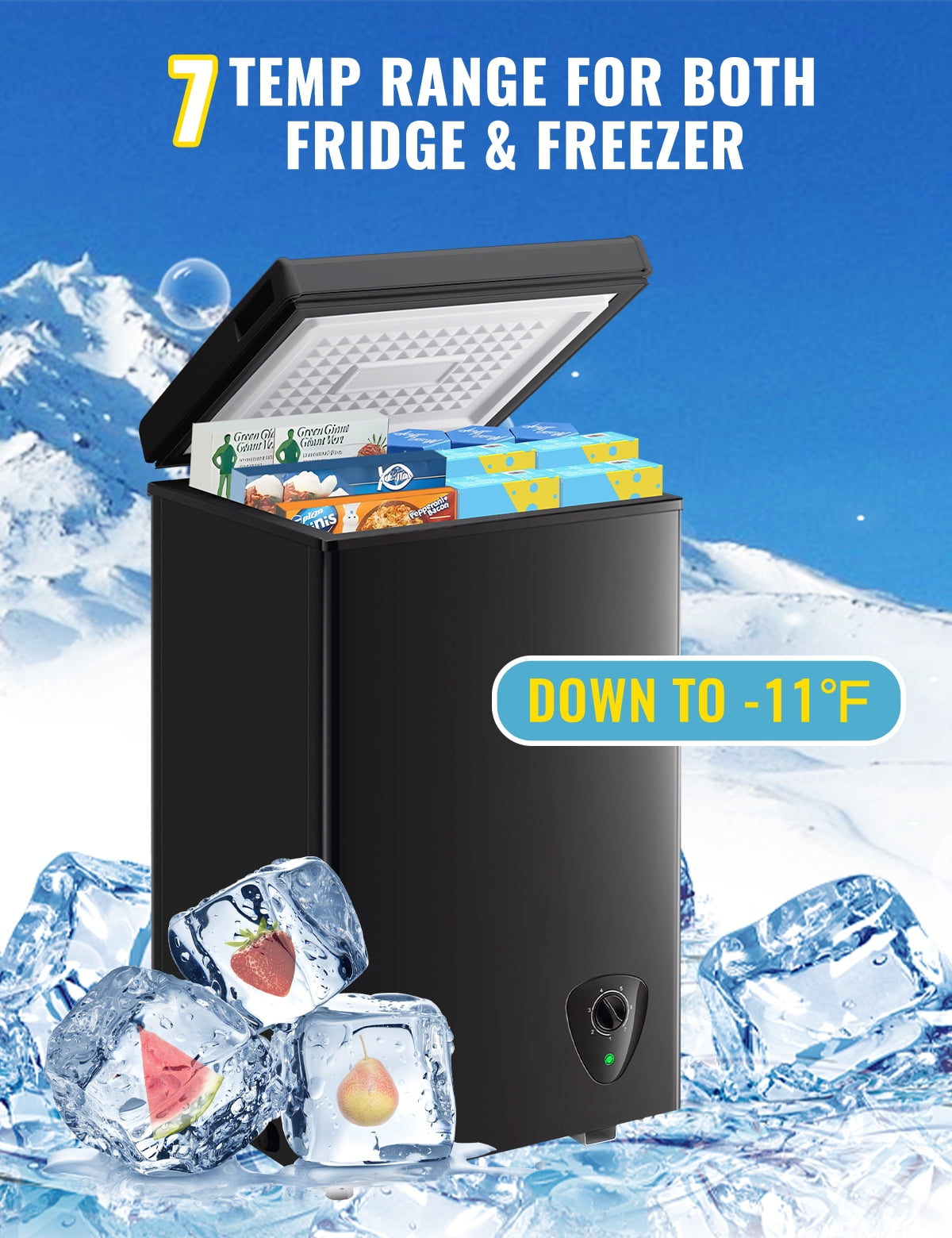 WANAI 60L Chest Freezer with 7 Gears Temp Control, Black Deep Freezers Space-saving two baskets