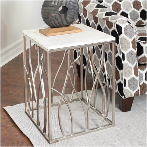 White Marble End Table with Stainless Steel Base, Small Square Accent Table for Living Room