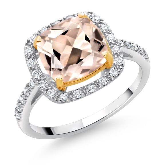 Gem Stone King 925 Sterling Silver and 10K Yellow Gold Peach Morganite and White Lab Grown Diamond Engagement Ring for Women (2.09 Cttw, Cushion Cut 8MM, Available in Size 5, 6, 7, 8, 9)