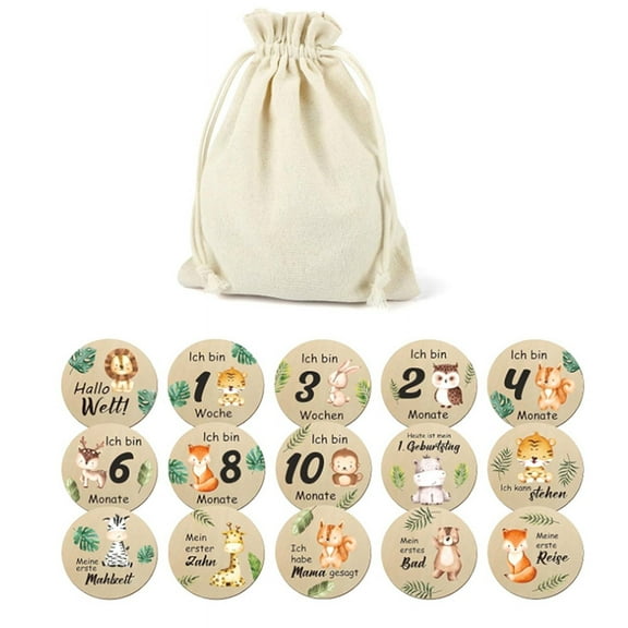 15PCS Beautiful Baby Monthly Cards - Double Sided Milestone Wooden Circles Discs with Birth Sign for Girl Boy