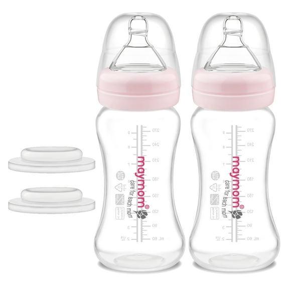 Maymom Wide-Mouth Milk Storage and Feeding Bottle Set, 9oz (2-Pack), Compatible with Spectra Motif Luna Pumps – Dome Cap, SureSeal Disk, Nipple Included