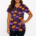 thumbnail image 4 of HaHaHappy Womens Halloween Scrubs Plus Size Short Sleeve Horror Bat and Pumpkin Printed Spooky Scrub Tops Funny V Neck Scrub Shirts Nurse Medical Workwear with Pockets Purple 2XL, 4 of 4