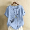 thumbnail image 1 of Lydiaunistar Women's Plus Size Spring Tops Casual Printed Short Sleeve Button-Up Blouse T-Shirt, Soft Polyester Round Neck Comfy Daily Wear Light Blue, 1 of 4