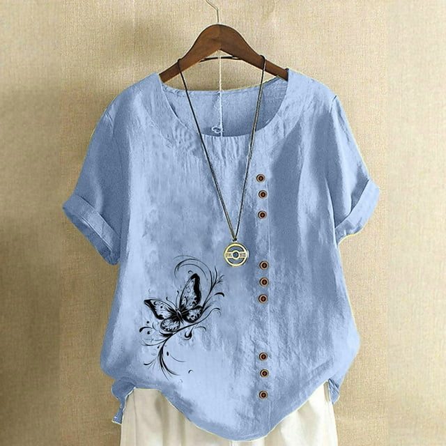Lydiaunistar Women's Plus Size Spring Tops Casual Printed Short Sleeve Button-Up Blouse T-Shirt, Soft Polyester Round Neck Comfy Daily Wear Light Blue