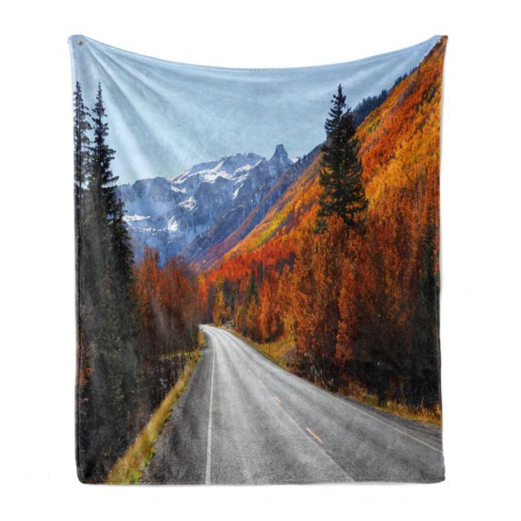 Fall Soft Flannel Fleece Throw Blanket, Highway Through the Countryside American Landscape Snowy Mountains Foliage Travel, Cozy Plush for Indoor and Outdoor Use, 60" x 80", Multicolor, by Ambesonne
