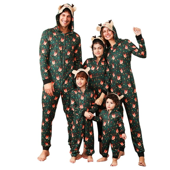 Zwiiyzr 2024 Family Christmas Pajamas Matching Sets for Women Fawn Deer Printed Hooded Onesie Holiday Nightwear With Long Pants Zipper Jumpsuit Sleepwear Jammies Sleepwear Wear Mommy Green
