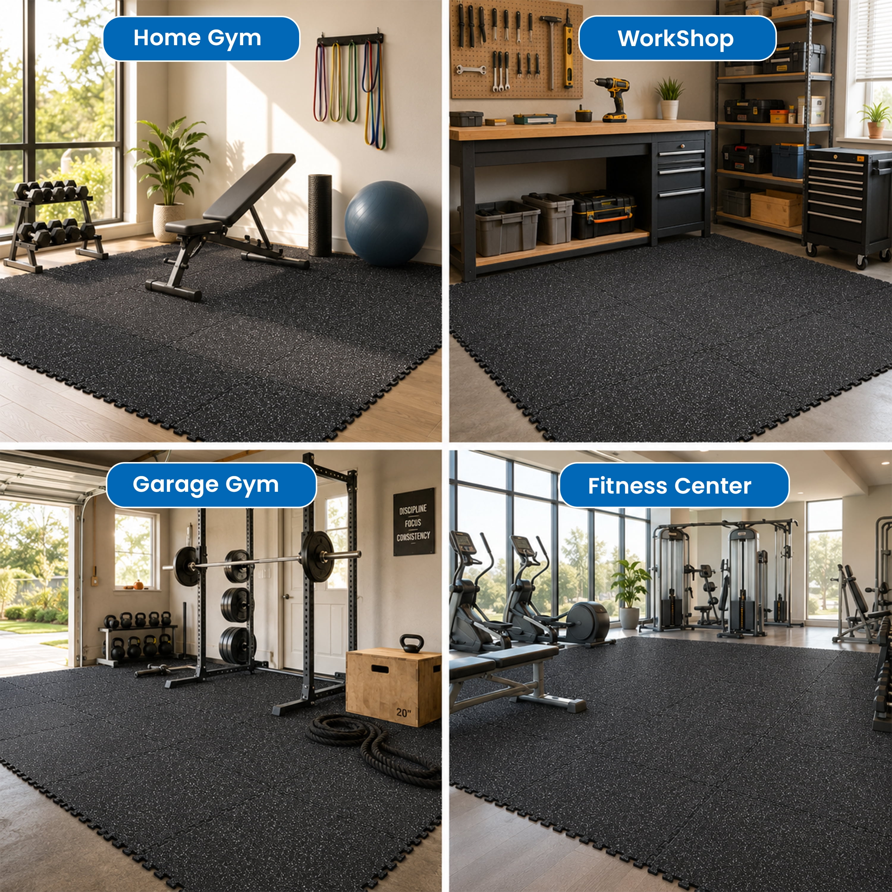 Gym Floor Mats 6-Pack 24x24 Inch with Rubber Top and EVA Foam, Interlocking Puzzle Workout Mats and Exercise Flooring for Home Garage, 24 Sq Ft, Black and White