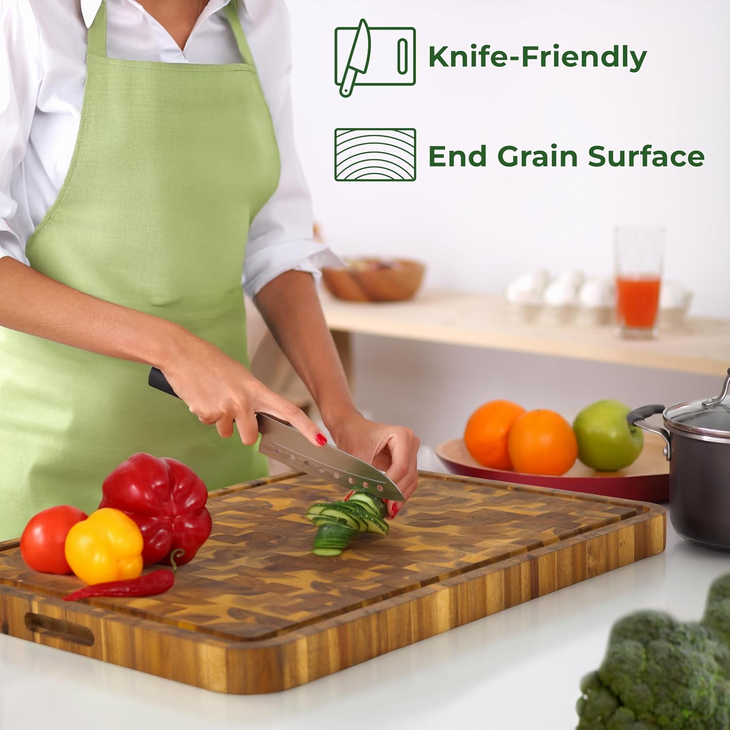 HOMESTEAD End Grain Acacia Wood Cutting Boards 23x18x1.5 – Butcher Block Chopping Board with Sorting Compartment, Juice Grooves & Handles – Non-Toxic Kitchen Board for Food Prep, Home Decor