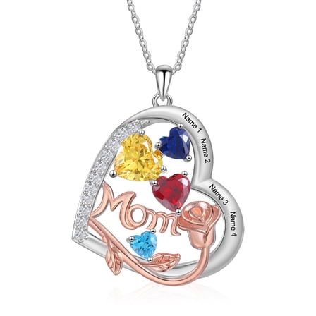 Mementos Customized Heart Family Women's (Mother) Necklace Sterling Silver with 4 Birthstones Names