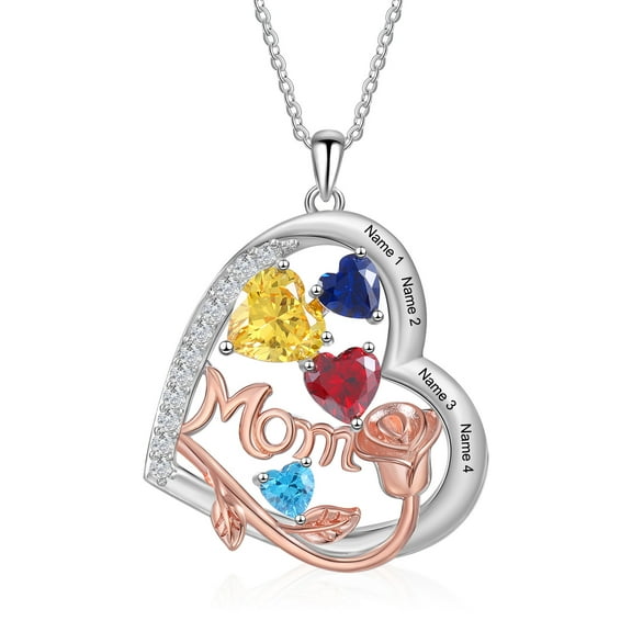 Mementos Customized Heart Family Women's (Mother) Necklace Sterling Silver with 4 Birthstones Names