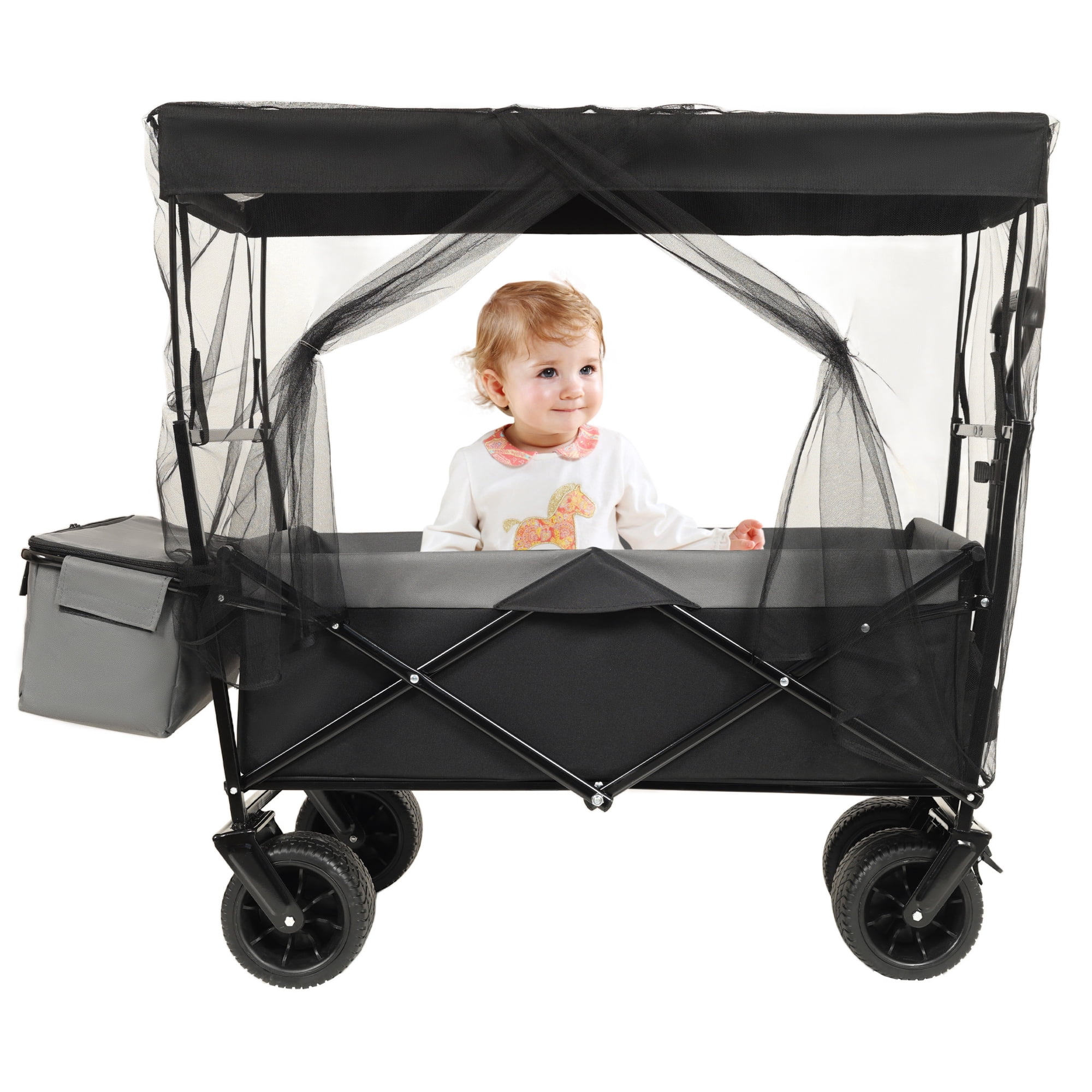 GDF Studio Collapsible Wagon Stroller with Removable Canopy and Mosquito Net, 7" All-Terrain Wheels, Black