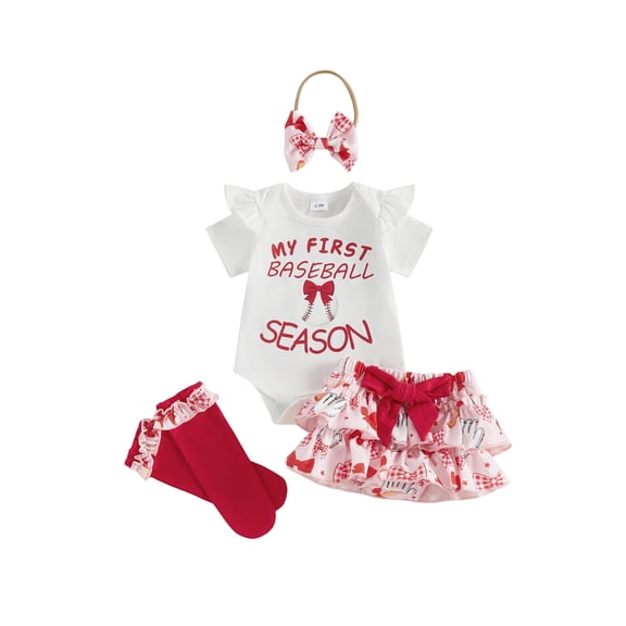 BemeyourBBs Newborn Baby Girl My First Beseball Season Outfits Infant Baby Girls Summer Clothes Baseball-themed Print Short Sleeve Romper Ruffled Tutu Skirt Stockings and Headband 4 Pcs Set