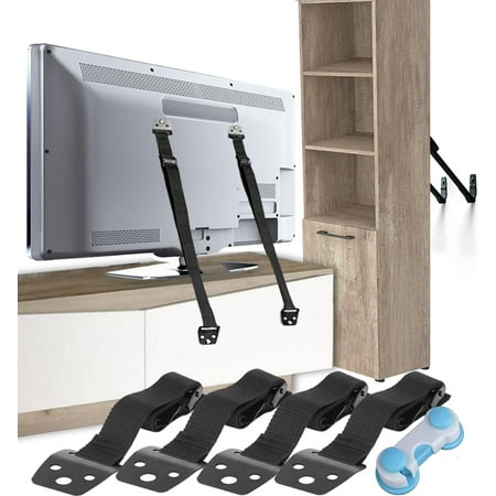 TV Safety Straps 4 Pack+Gift - Metal Furniture Straps for Baby Proofing - TV Straps Safety for Flat Screen - Earthquake Straps for Bookcases - Furniture Anchors Anti Tip Kit