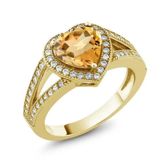 Gem Stone King 18K Yellow Gold Plated Silver Ring Heart Shape Citrine and Moissanite (1.69 Cttw) (Size 6)