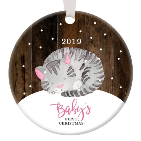 Kitty Cat Baby's First Christmas Ornament 2019, Baby Kitten Girl Porcelain Ceramic Ornament, 3
