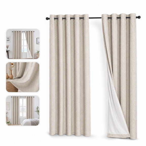 2 Panels Linen Textured Blackout Curtains 52x84 Inch, Sunblock Drapes for Bedroom, Living Room, White Flocked