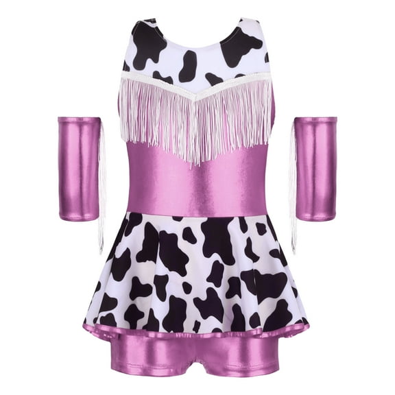 iiniim Girls Cowgirl Outfit 2 Pcs Shiny Fringe Leotard Tutu Skirt and Headband for Dance Party Pink 8
