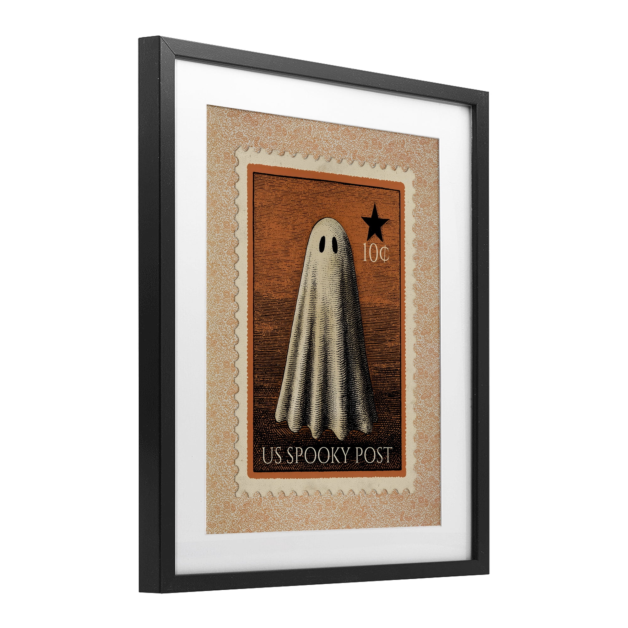 Vintage Ghost Stamp Black Framed Print Under Glass, design by Arlington Prints