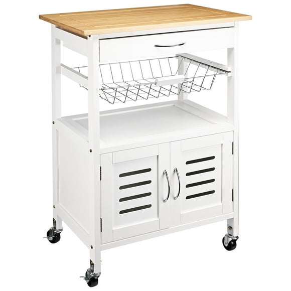 Rolling Kitchen Island with Pull Out Steel Basket and 1 Drawer, Utility Kitchen Cart with Bamboo Wood Countertop, Bakers Rack Microwave Oven Stand