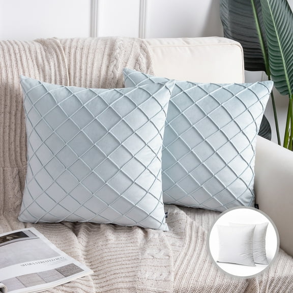 Phantoscope Velvet Series Pleated Checker Decorative Throw Pillow, 18" x 18", Light Blue, 2 Pack