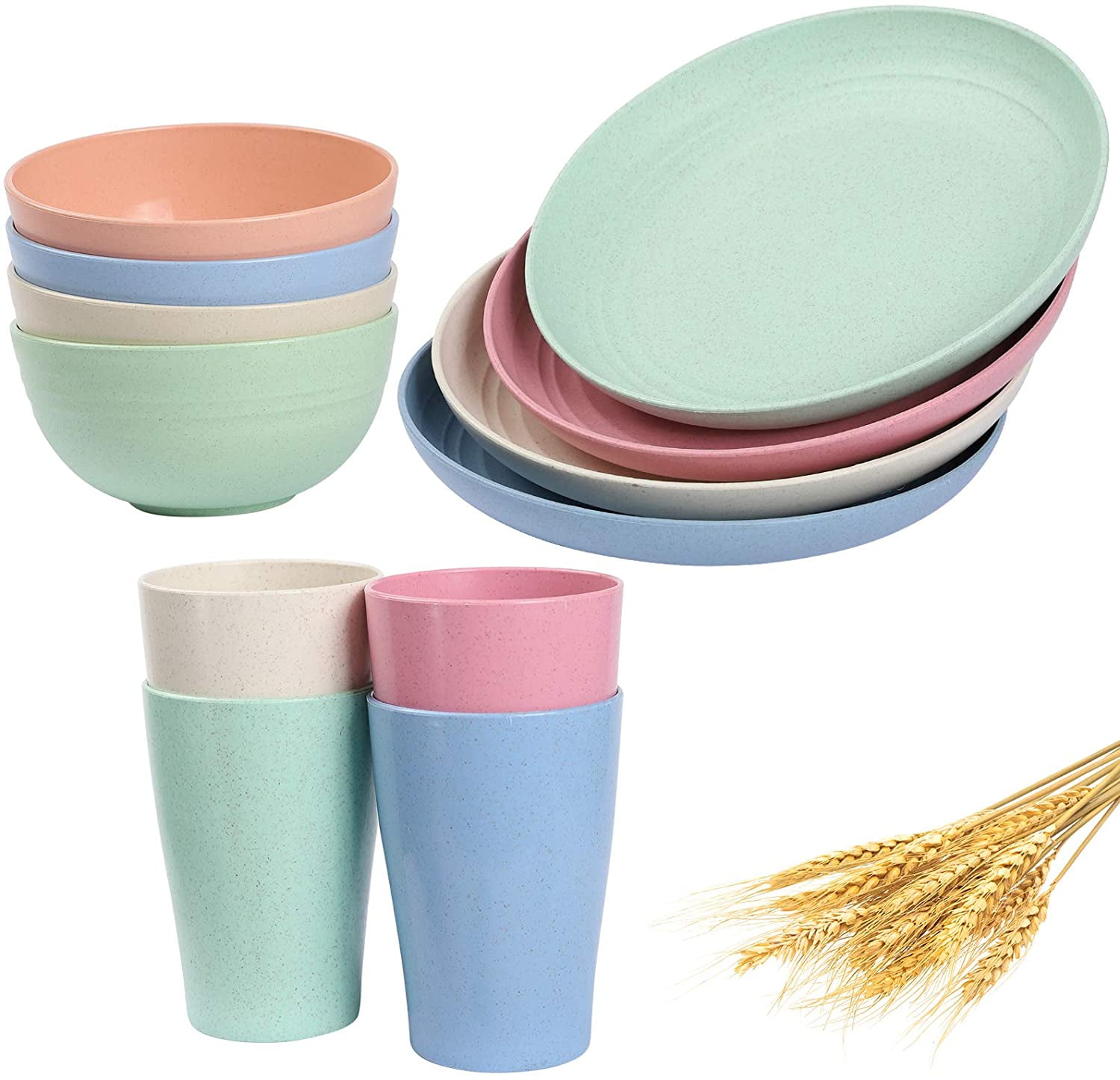 Eco Friendly & Reusable Plates QARYYQ Wheat Straw Dinnerware Sets Cups Bowls and Cutlery Set Lightweight Safe Great for Picnic and Party Unbreakable