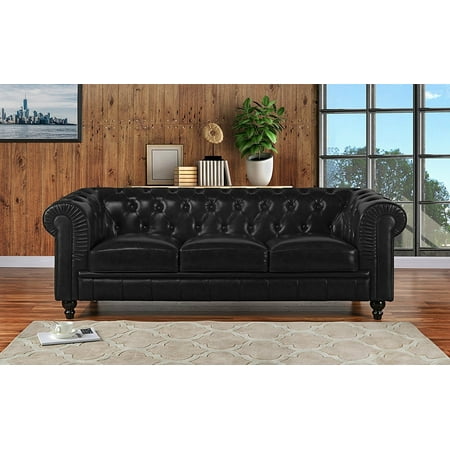 Clic Scroll Arm Real Leather Chesterfield Sofa Black