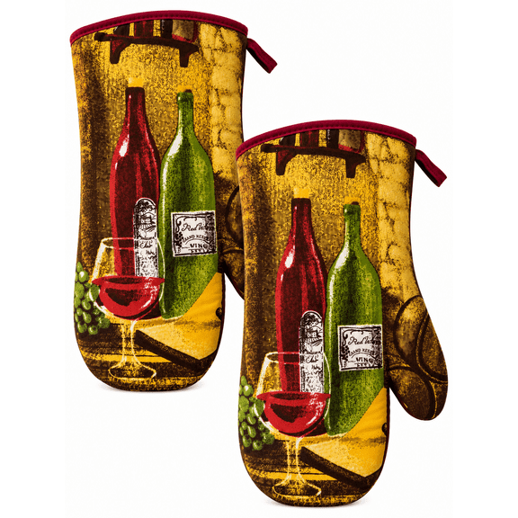 Wine Oven Mitts 2 Pack Heat Resistant Cotton Kitchen Oven Gloves 7 x 13 Inch BBQ Baking Burgundy