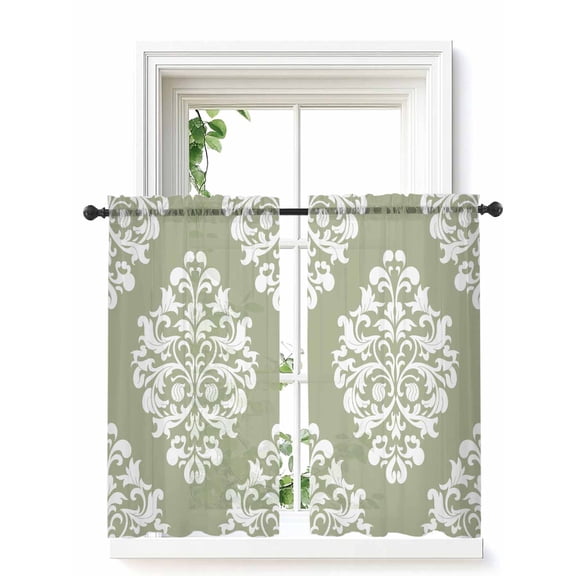 Baroque Sage Green Tier Curtains 45 Inch Length,Sheer Curtains for Bedroom Living Room Window Vintage Damask Classic Floral Rod Pocket Drapes Kitchen Curtains Small Half Window 27.5"x45" 2 Panels
