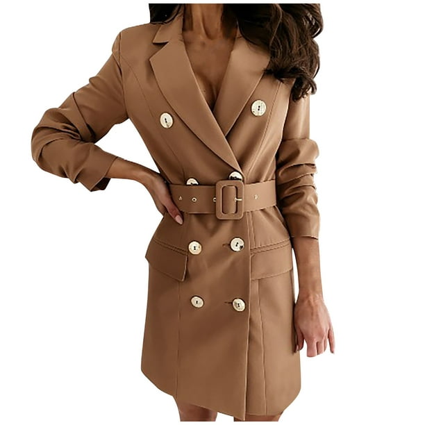 ã€–Yilirongyummã€— Khaki S Womens Coats Double Coat Jacket Long Sleeve Belt  Dress Solid Color Mid Length Winter Jacket Work Formal Suit 