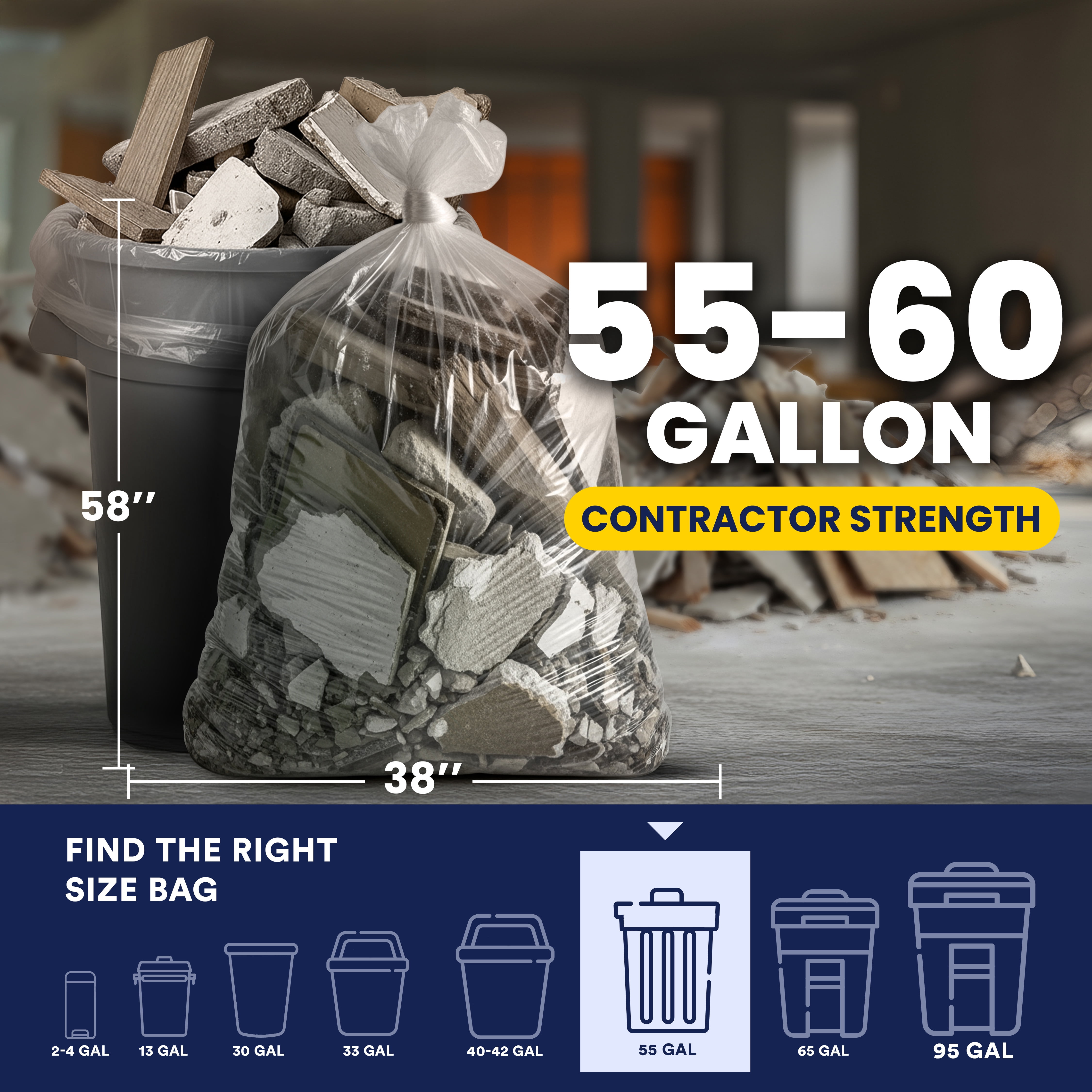 Plasticplace Contractor Trash Bags 55-60 Gallon, Heavy Duty Garbage Bags, 3.0 Mil Clear Trash Bags, Tear-Resistant Large Trash Can Liners for Construction, Recycling & Home Improvement (50 Count)
