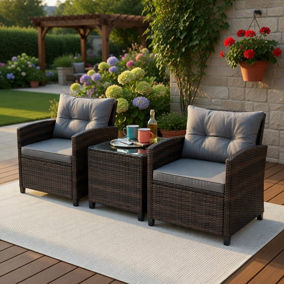 GVN Backyard Furniture Sets,Outdoor Furniture Sets,3 Pieces Rattan Patio Furniture Set with Washable Cushion-Gray
