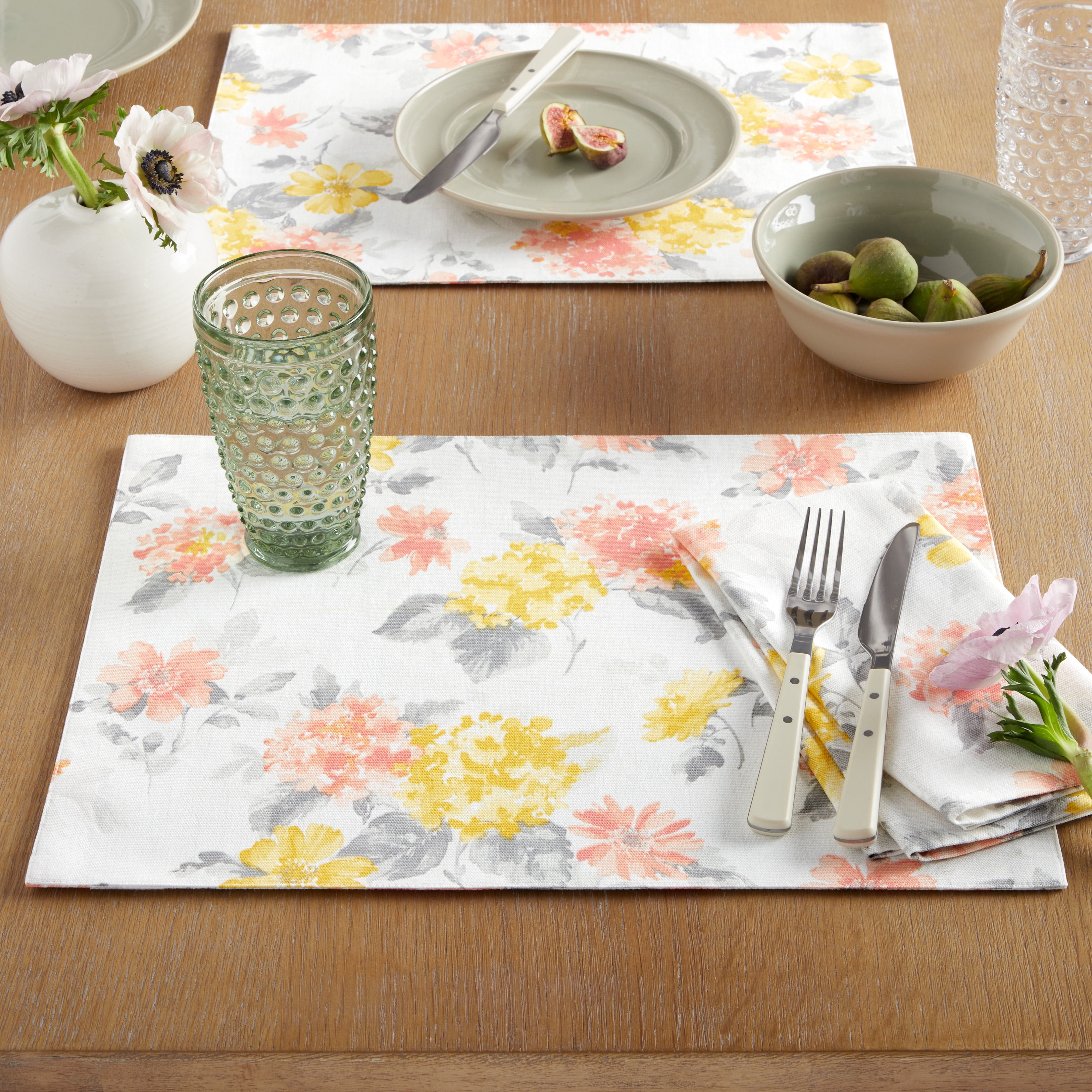 Martha Stewart Amber Floral Fabric Placemat Set 4-Pack, Yellow/Coral, 13"x17.5"