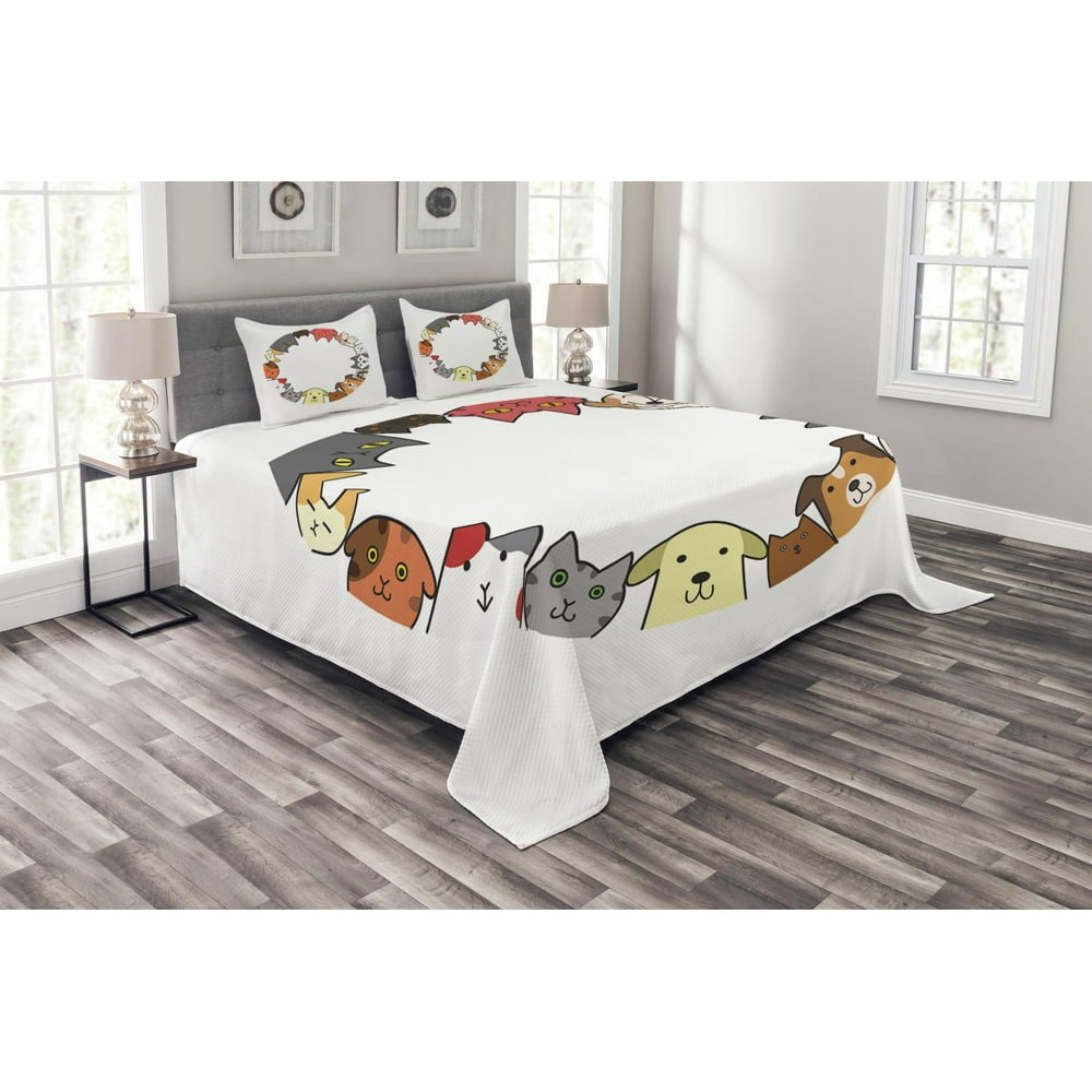 Cat Lover Bedspread Set Queen Size, Friendly Cats and Dogs Circle