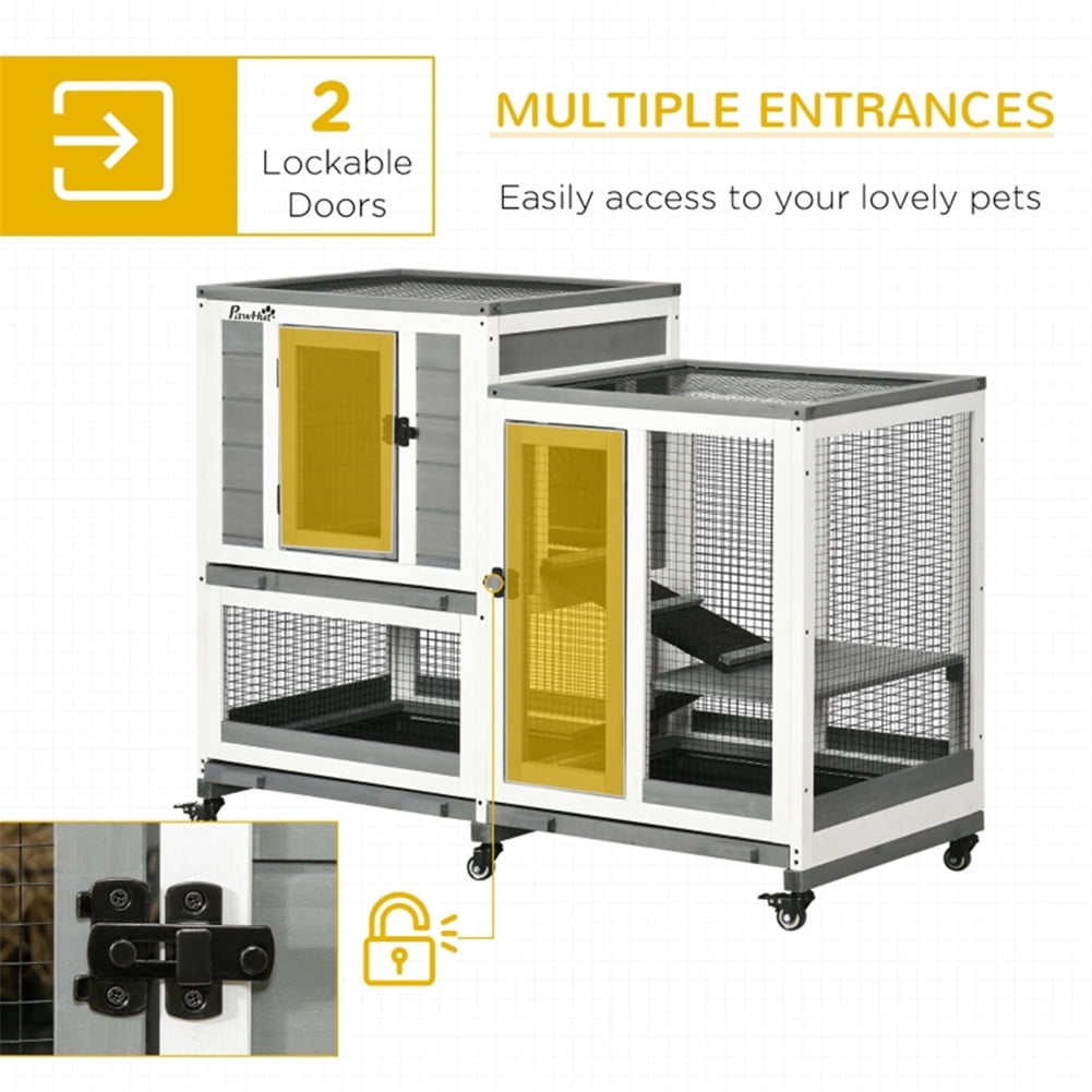 Kepooman 2-Story Rabbit Hutch Wooden Bunny Hutch Cage Small Animal House with Ramp, No Leak Tray, Weatherproof Roof, Indoor/Outdoor, Gray