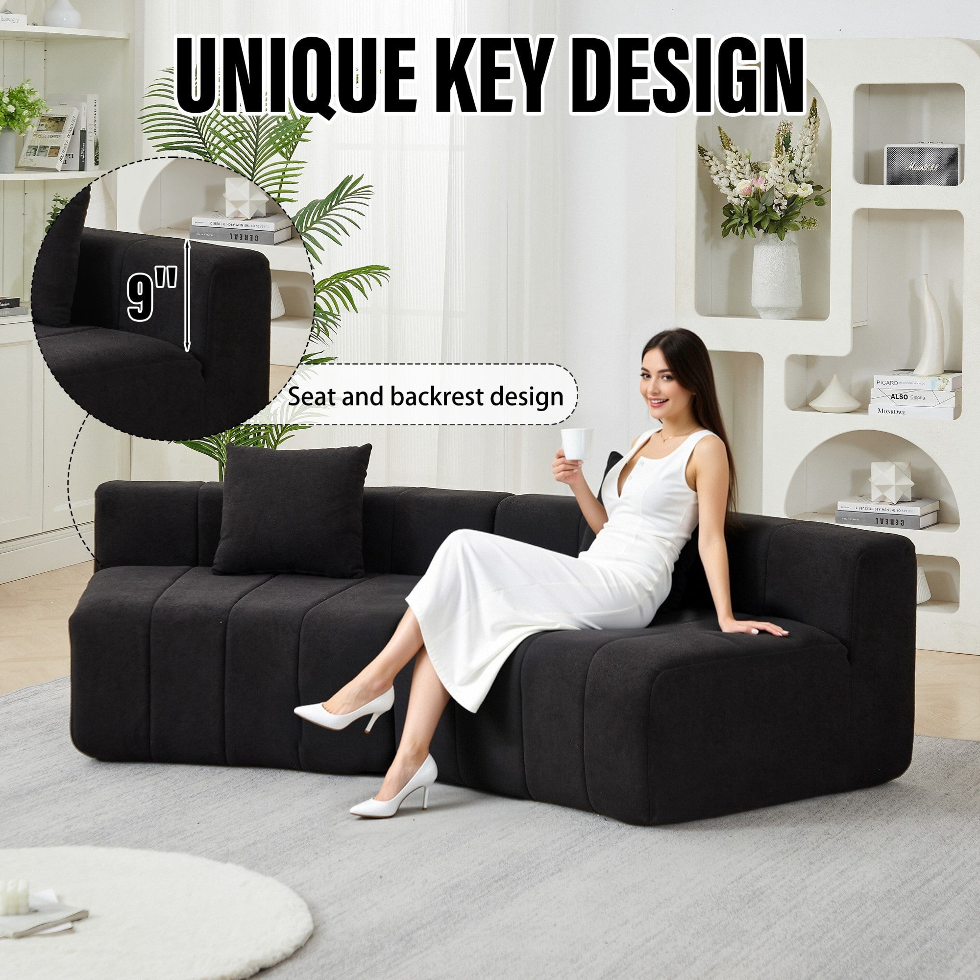 Sailvan Chenille Semi Circular Sofa Sectional, Curved Symmetrical Modular Couch with 2 Pillows for Living Room, Office, No Assembly Required Black