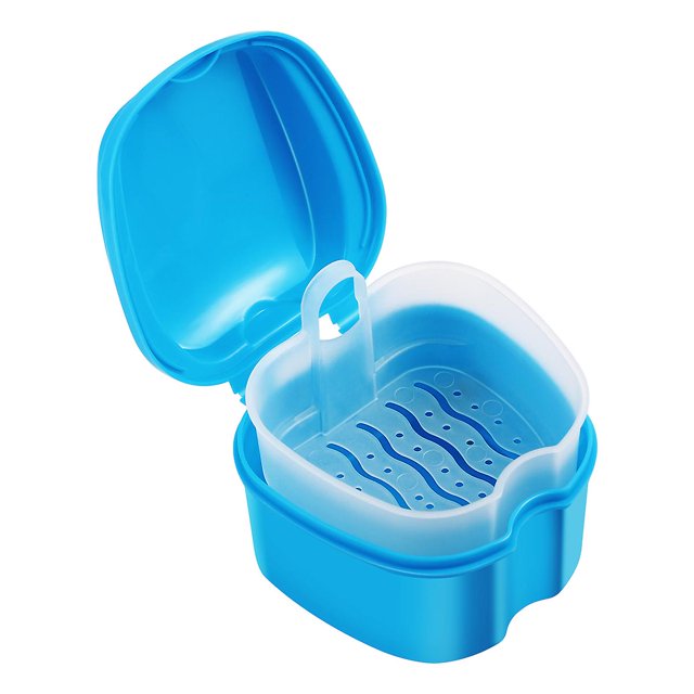 Rosenice Denture Bath Box Case Dental Orthodontic Retainer False Teeth Storage Case Box With Strainer (sky-blue)